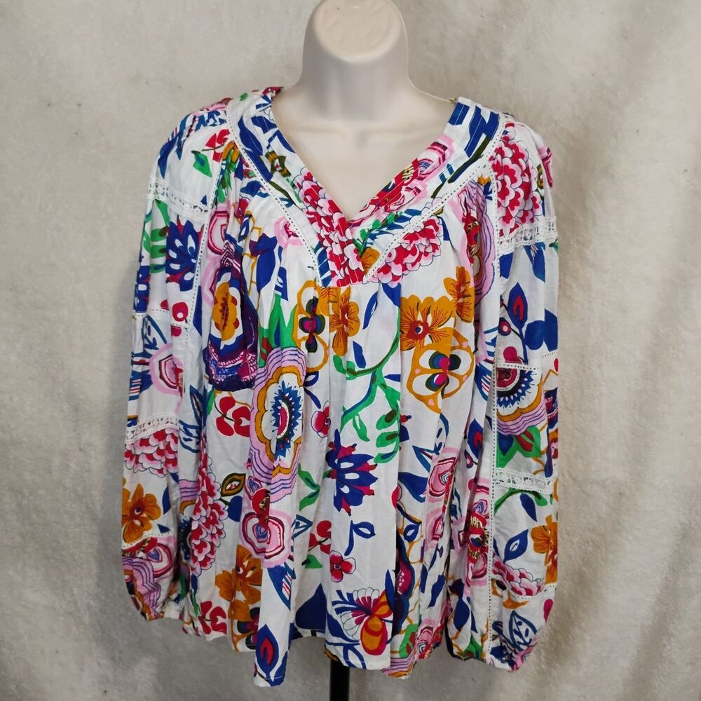 Kaktus Boho Floral Cotton Peasant Blouse Sz Small Long Sleeve Crochet Lace Trim